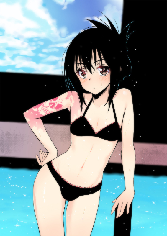 1boy, akage, bikini, black_eyes, black_hair, bulge, hand_on_hip, navel, otoko_no_ko, pool, solo, swimsuit, tattoo
