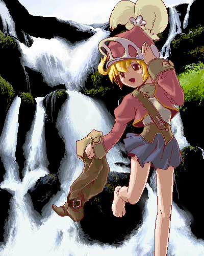 ahoge, barefoot, blonde_hair, boots, buckle, buckles, crossdressing, crossdressinging, final_fantasy, final_fantasy_tactics, helmet, holding, holding_shoes, legs, lipstick, lowres, male, mikuni_aoi, miniskirt, oekaki, onion_knight, onion_knight_(fft), ramza_beoulve, skirt, solo, trap, water, waterfall