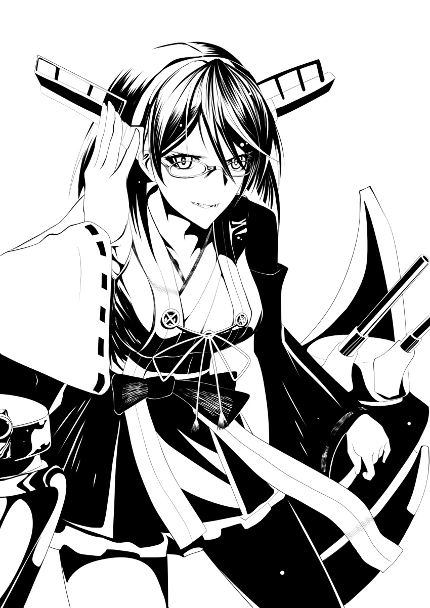 1girl, breasts, drshellon, glasses, greyscale, highres, kantai_collection, kirishima_(kantai_collection), large_breasts, looking_at_viewer, monochrome, nontraditional_miko, short_hair, solo, tagme, white_background