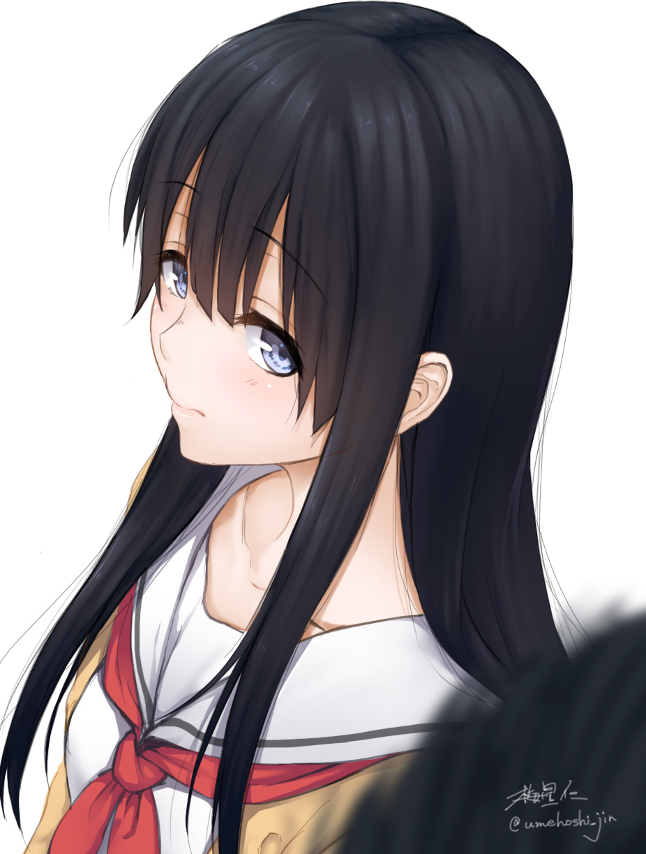 1girl, black_hair, blue_eyes, highres, koe_no_katachi, long_hair, looking_at_another, school_uniform, short_hair, solo_focus, ueno_naoka, umeboshi_jin