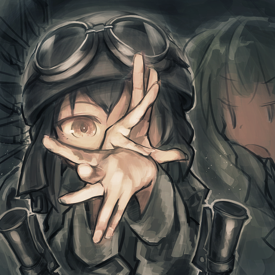 2girls, anchovy, black_hair, brown_eyes, girls_und_panzer, goggles, goggles_on_headwear, helmet