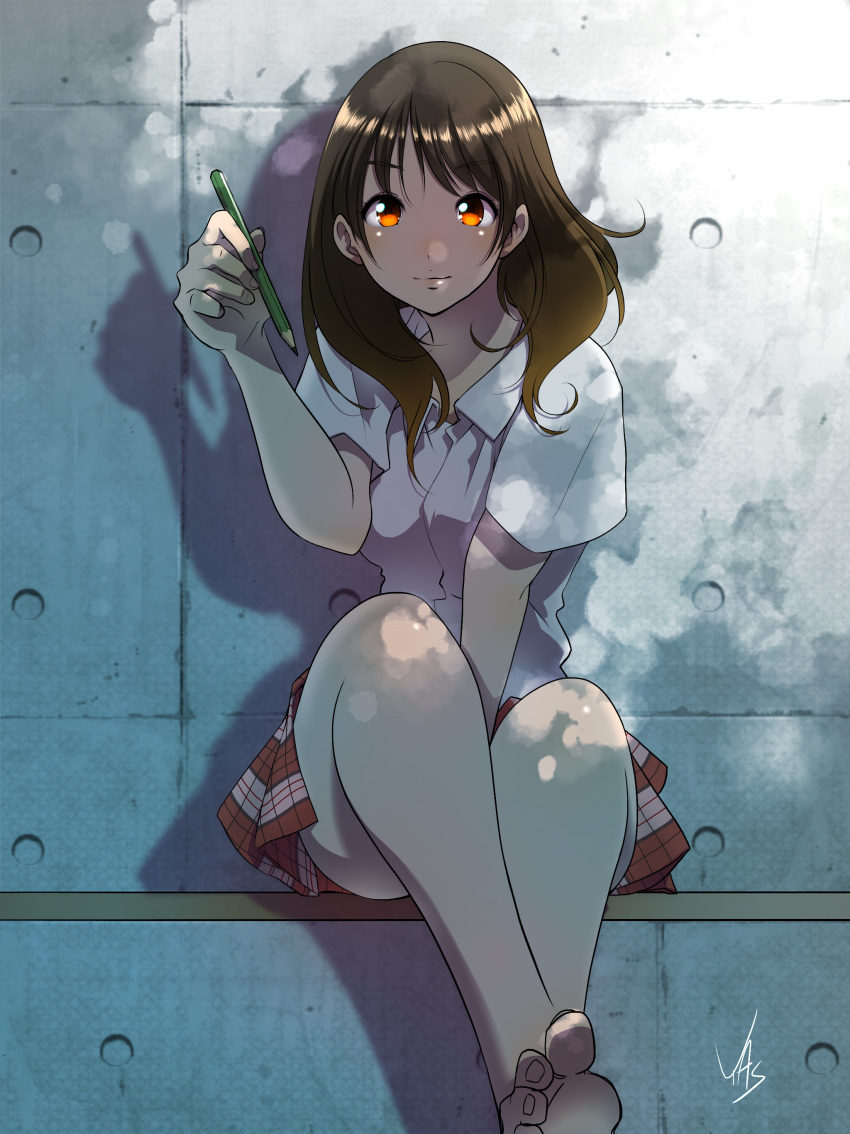1girl, absurdres, barefoot, brown_hair, crossed_legs, highres, long_hair, original