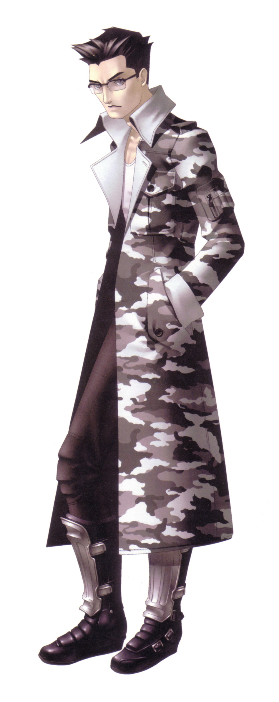 1boy, armor, armored_boots, black_hair, boots, coat, glasses, hands_in_pockets