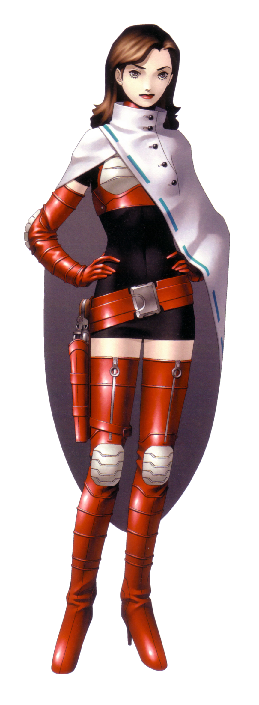 armor, boots, brown_hair, cape, gun, hand_on_hip, high_heels, highres, holster, kazuma_kaneko, lipstick, makeup, official_art, shin_megami_tensei, shin_megami_tensei_i, thigh-highs, thigh_boots, weapon, yuka_(shin_megami_tensei)