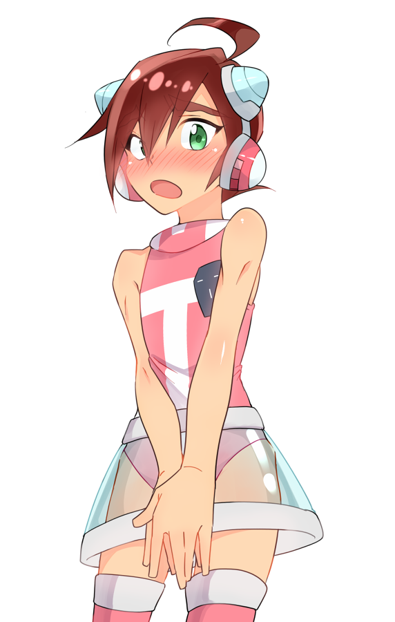 1boy, ahoge, blush, brown_hair, calen_(time_bokan), calen_(time_bokan)_(cosplay), covering, covering_crotch