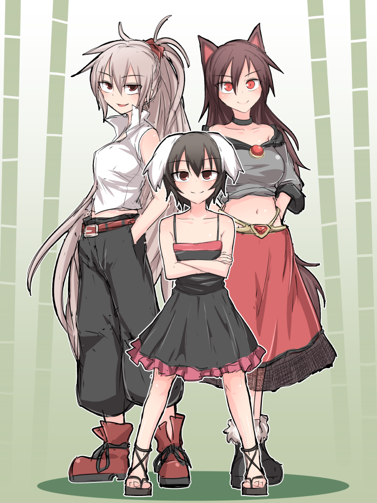 3girls, adapted_costume, alternate_costume, alternate_hairstyle, animal_ears, arms_behind_back, bamboo, bare_shoulders