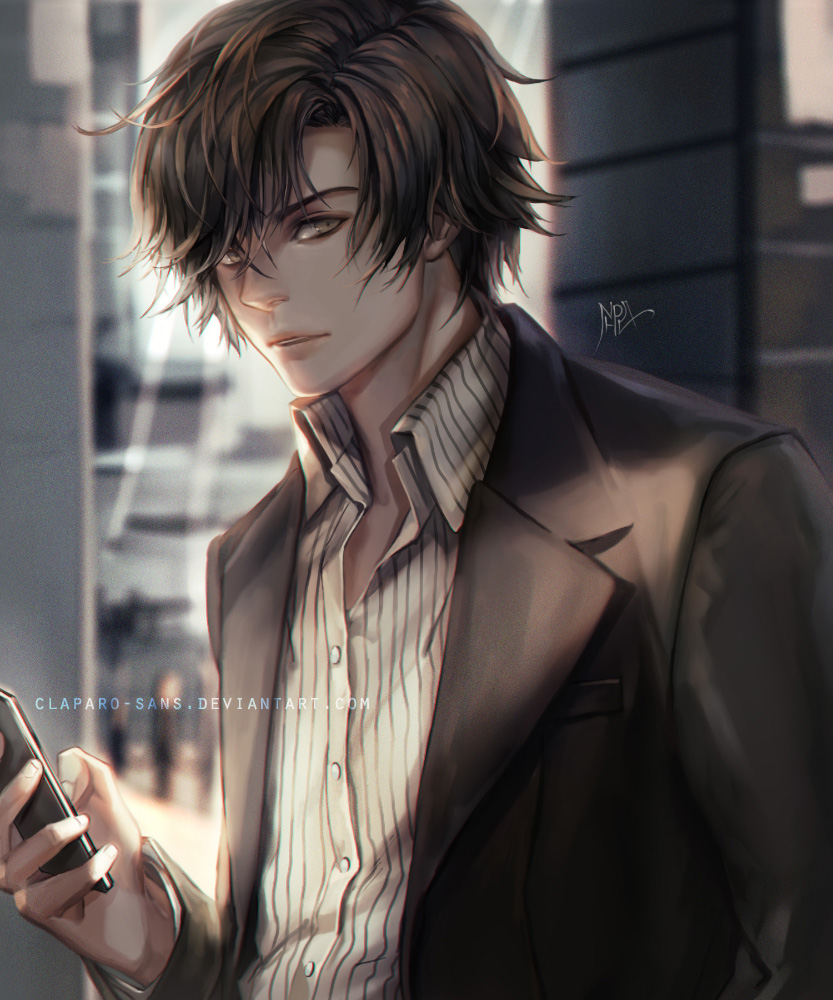 1boy, black_hair, blurry, brown_eyes, cellphone, depth_of_field, deviantart_username, han_jumin