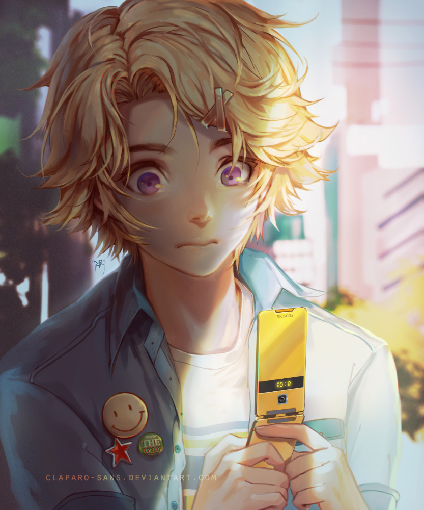 1boy, blonde_hair, buttons, cellphone, character_name, flip_phone, hair_ornament, hairclip