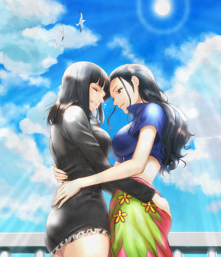 2girls, bird, black_hair, blue_eyes, blue_sky, closed_eyes, clouds, dress, dual_persona, facing_another, frilled_dress, frills, grin, hand_on_another's_ass, hand_on_another's_back, high_collar, hug, long_hair, midriff, multiple_girls, nico_robin, one_piece, seagull, shinmanawa, sky, smile, sun, sunlight, wavy_hair