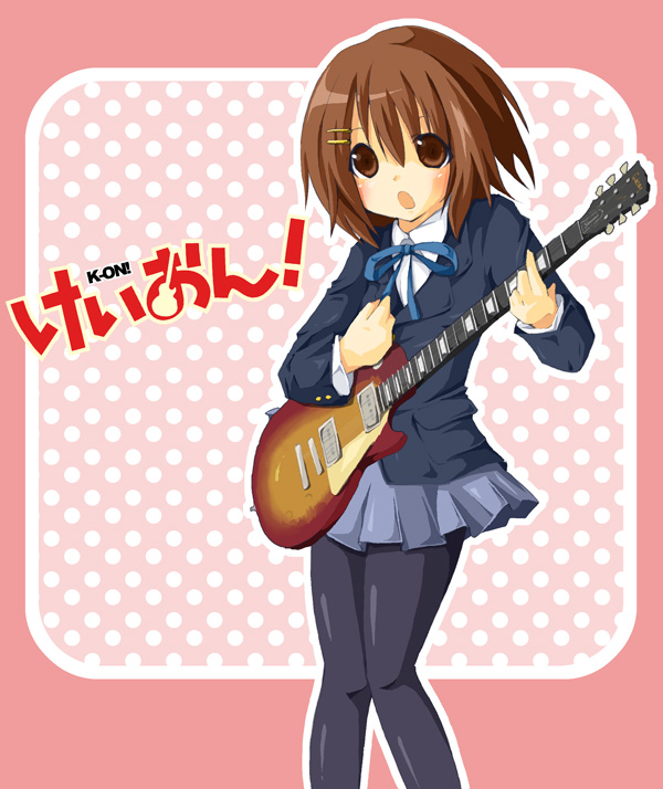 akina_rei, bad_id, brown_eyes, brown_hair, guitar, hirasawa_yui, instrument, k-on!