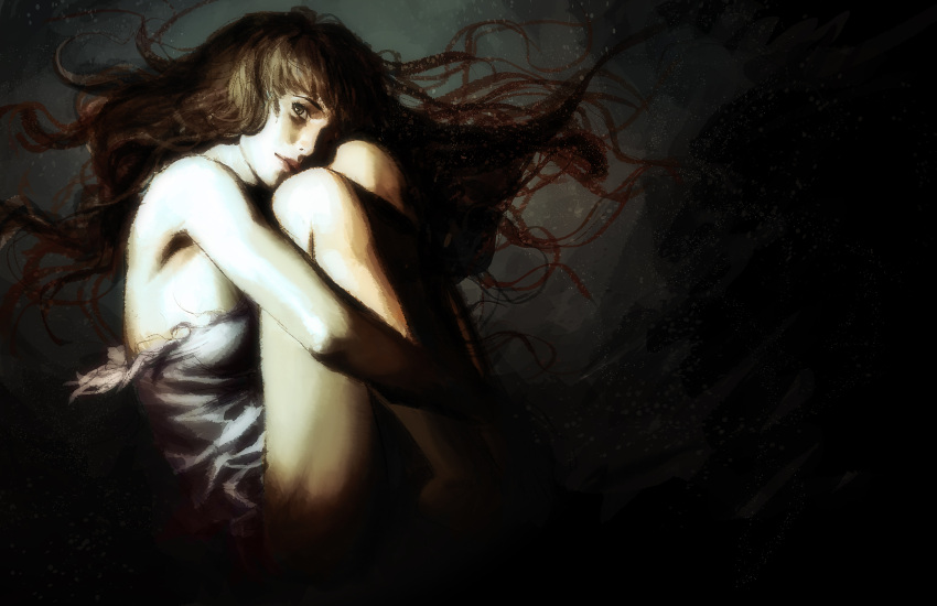 1girl, absurdres, bare_shoulders, breasts, brown_eyes, brown_hair, catherine_royal, chiaroscuro