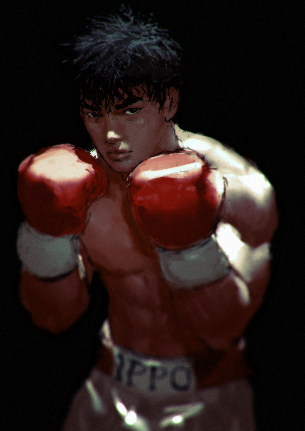 1boy, abs, black_eyes, black_hair, blurry, boxing_gloves, boxing_shorts, fighting_stance