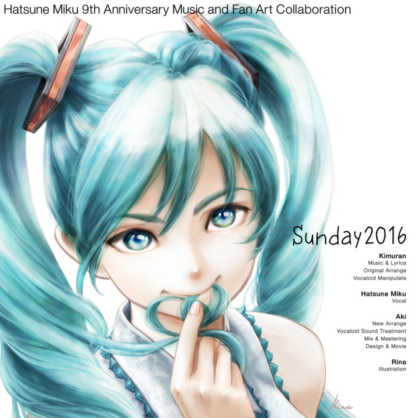 1girl, anniversary, aqua_eyes, aqua_hair, artist_name, backlighting, credits, face