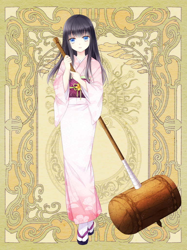 1girl, black_hair, blue_eyes, expressionless, eyebrows, eyebrows_visible_through_hair, floral_print, full_body, geta, hammer, holding, holding_weapon, japanese_clothes, kimono, long_hair, long_sleeves, looking_at_viewer, mizuna_umi, nakura_eri, obi, parted_lips, pink_kimono, psychic_hearts, sash, sidelocks, solo, standing, tabi, weapon, wide_sleeves
