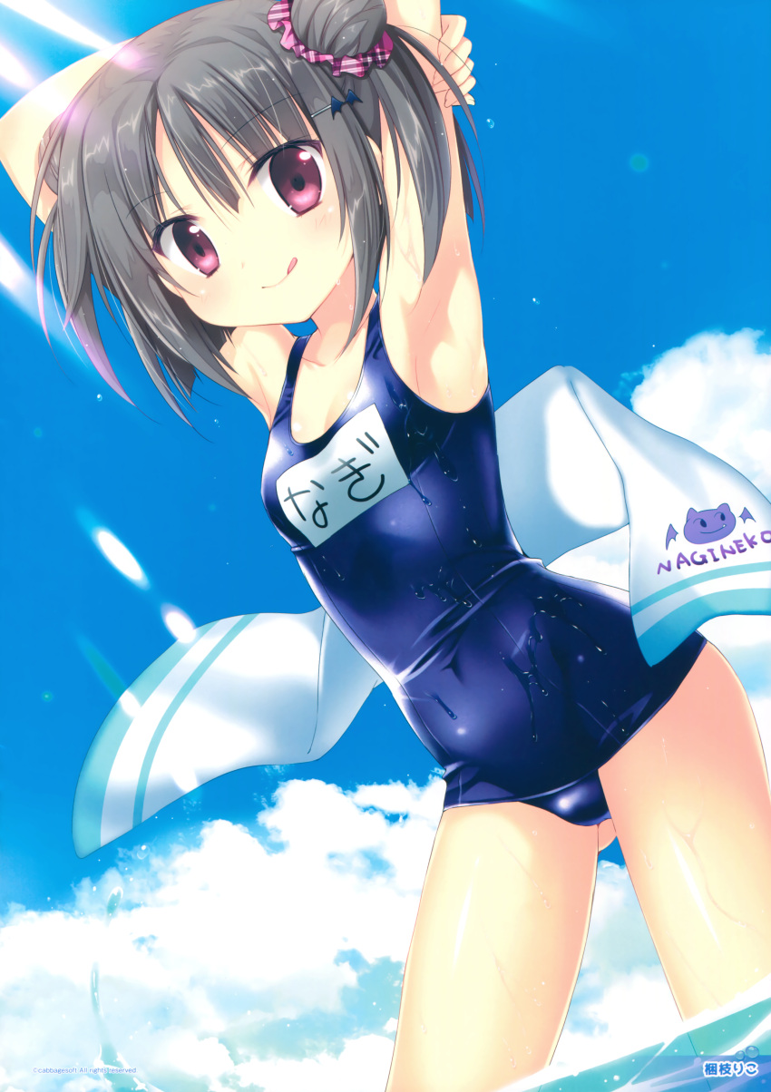 1girl, absurdres, arm_behind_head, arm_up, armpits, black_hair, breasts, brown_eyes