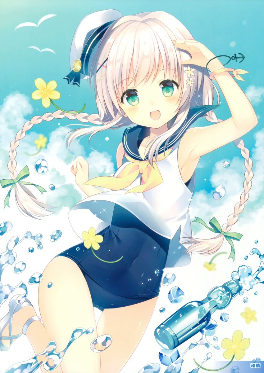1girl, absurdres, anchor_symbol, arm_up, armpits, bracelet, braid, eyebrows