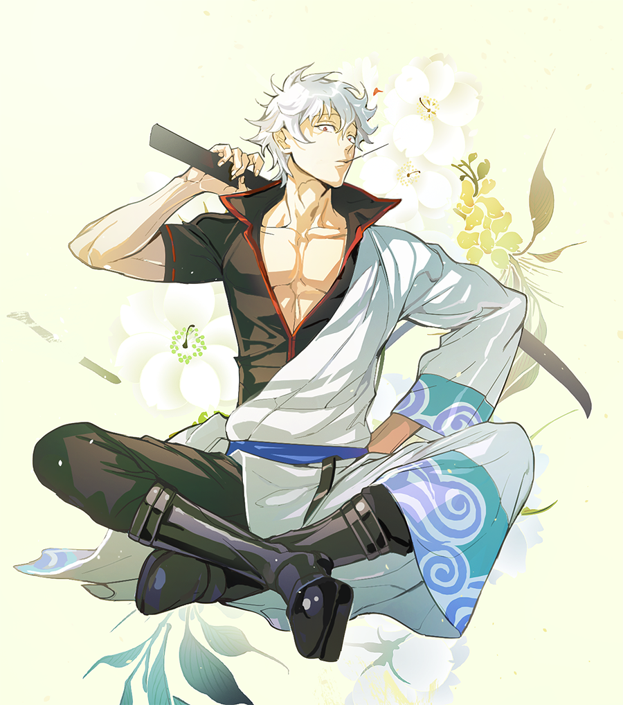 1boy, boots, flower, full_body, gintama, hand_on_hip, indian_style, japanese_clothes