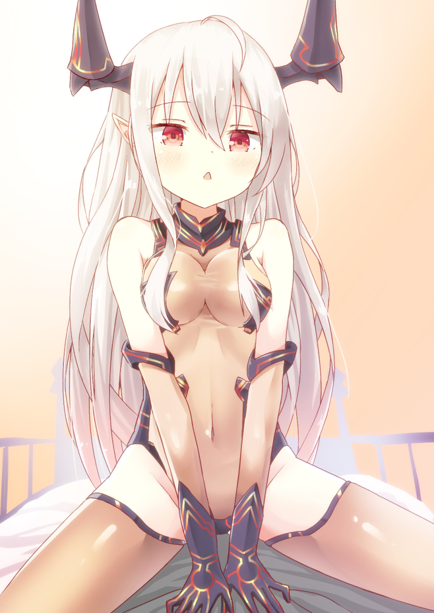 1girl, :o, bangs, bare_shoulders, bed, black_gloves, blush, borrowed_character, breast_squeeze, breasts, brown_legwear, colo_mag-chan, covered_navel, detached_sleeves, doraf, eyebrows, eyebrows_visible_through_hair, gloves, granblue_fantasy, gudou_(gdo_514), hair_between_eyes, highres, horns, leotard, long_hair, long_sleeves, medium_breasts, on_bed, open_mouth, original, pointy_ears, red_eyes, sitting, solo, taut_clothes, taut_leotard, thigh-highs, triangle_mouth, turtleneck, v_arms, white_hair