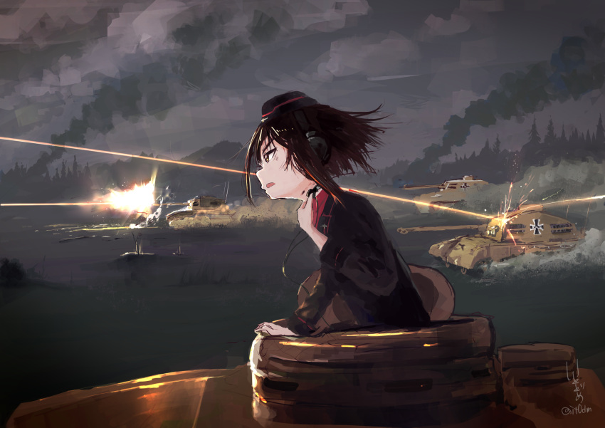 1girl, action, artist_name, bangs, black_jacket, brown_eyes, brown_hair, dress_shirt