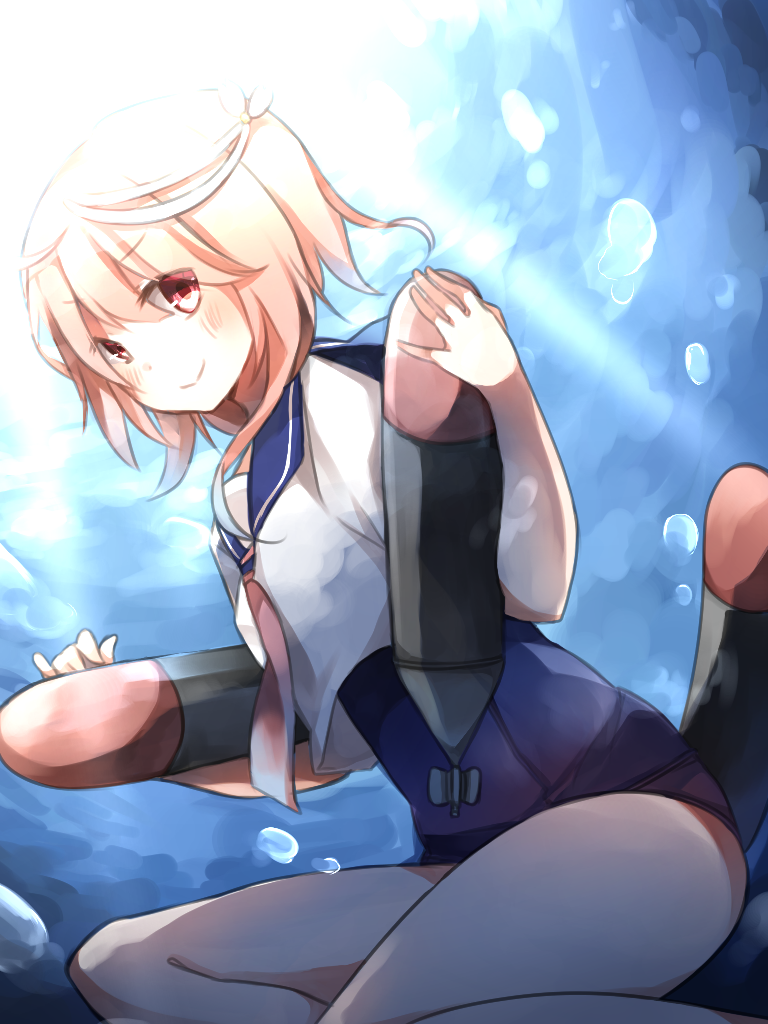 1girl, ahoge, barefoot, hair_ornament, i-58_(kantai_collection), kantai_collection, kyusai_kuma, neckerchief
