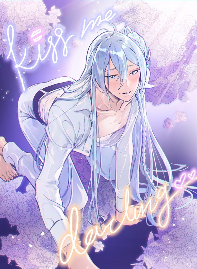 1boy, all_fours, barefoot, belt, blue_eyes, blue_hair, blush, braid