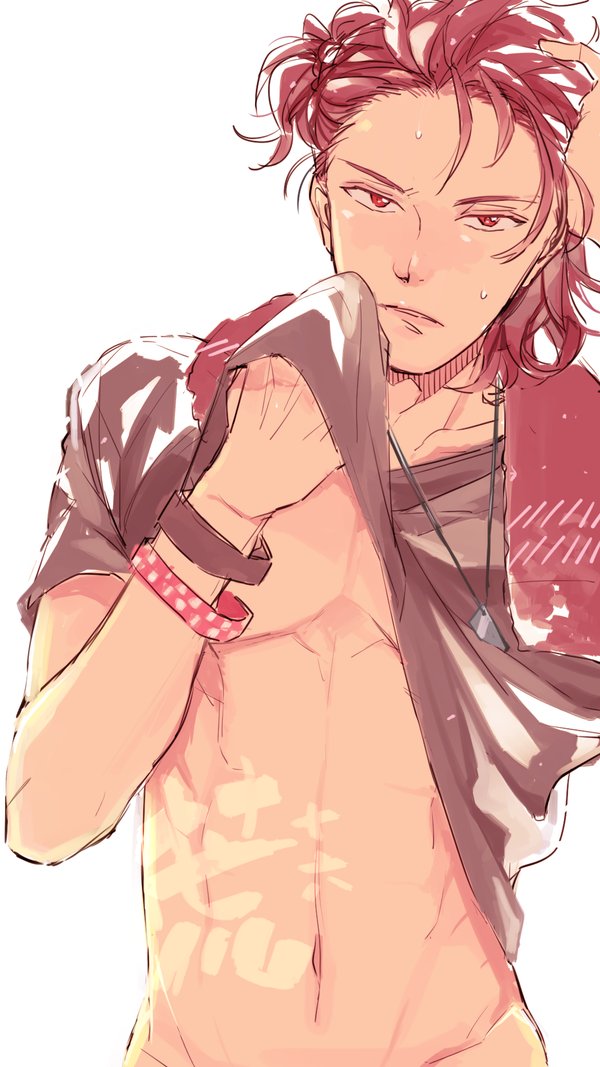 1boy, abs, adonis_belt, bracelet, granblue_fantasy, hand_in_hair, jewelry, looking_at_viewer