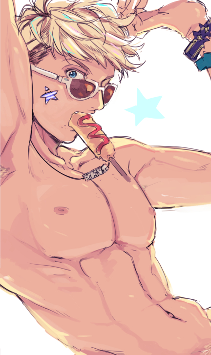 1boy, arm_up, armpit_hair, armpits, blonde_hair, blue_eyes, bracelet, corndog