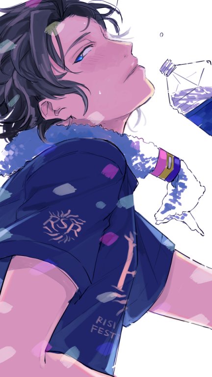 blue_eyes, bottle, granblue_fantasy, lancelot_(granblue_fantasy), looking_at_viewer, makino_bunny, male_focus, parted_lips