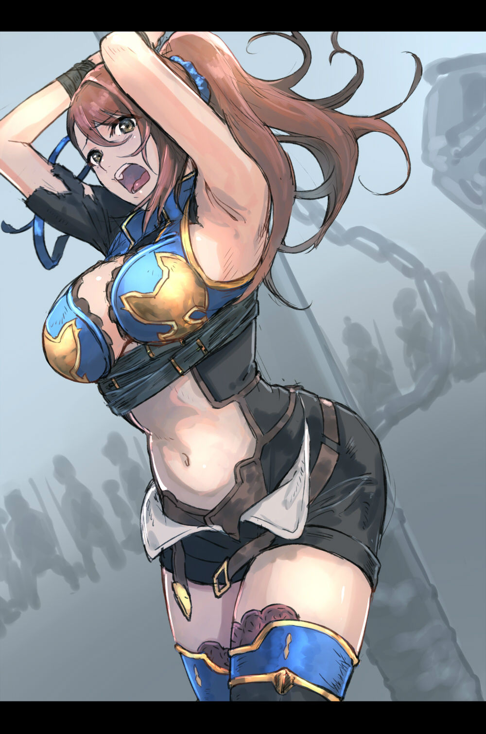 1girl, armor, arms_up, beatrix_(granblue_fantasy), belt, bikini_armor, black_legwear, bound