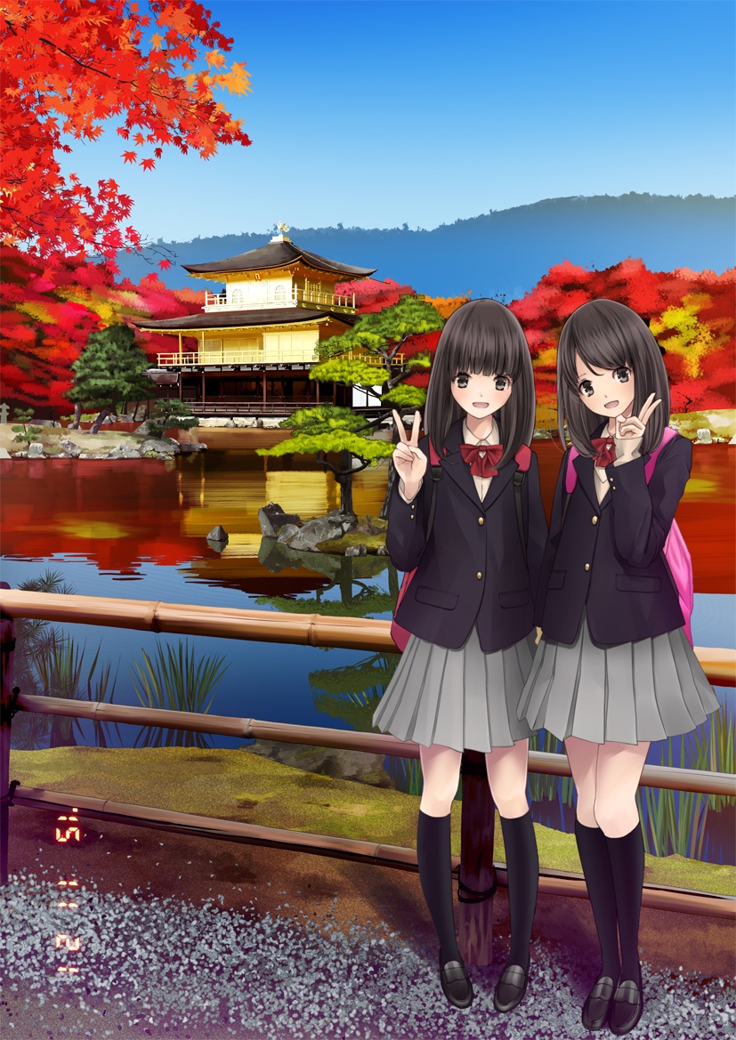 2girls, autumn, autumn_leaves, chikuwa_(glossymmmk), hill, kinkaku-ji, kyoto, multiple_girls, original, pond, pose, real_world_location, school_uniform, siblings, sky, travel, tree, twins, v, water