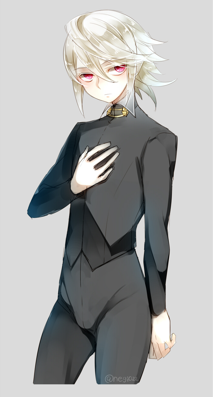 1boy, collar, cowboy_shot, fire_emblem, fire_emblem_if, grey_background, hand_on_own_chest, highres