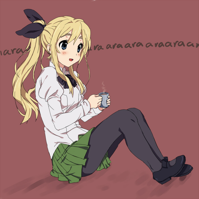 blonde_hair, blue_eyes, coffee, cosplay, crossover, k-on!, katawa_shoujo, kotobuki_tsumugi, moekki, pantyhose, parody, ponytail, puffy_sleeves, satou_lilly, satou_lilly_(cosplay), school_uniform, sitting, skirt, solo