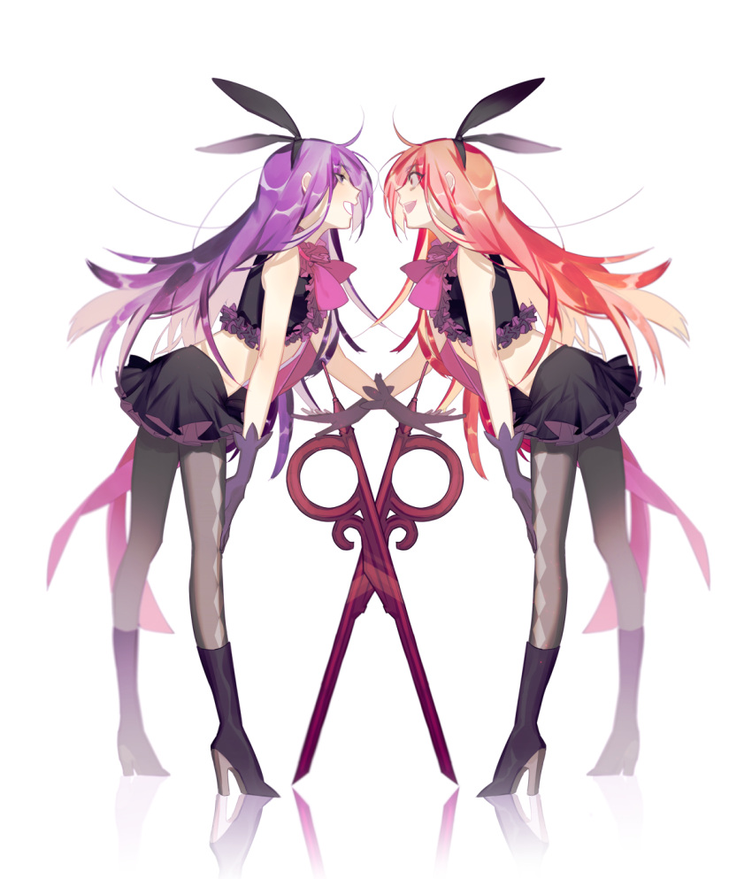 2girls, argyle, argyle_legwear, bare_shoulders, boots, dual_persona, frilled_skirt, frills