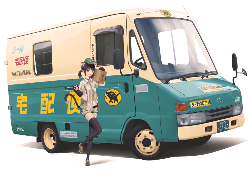 1girl, animal_ears, black_hair, brown_eyes, car, cat_ears, chikuwa_(glossymmmk), delivery