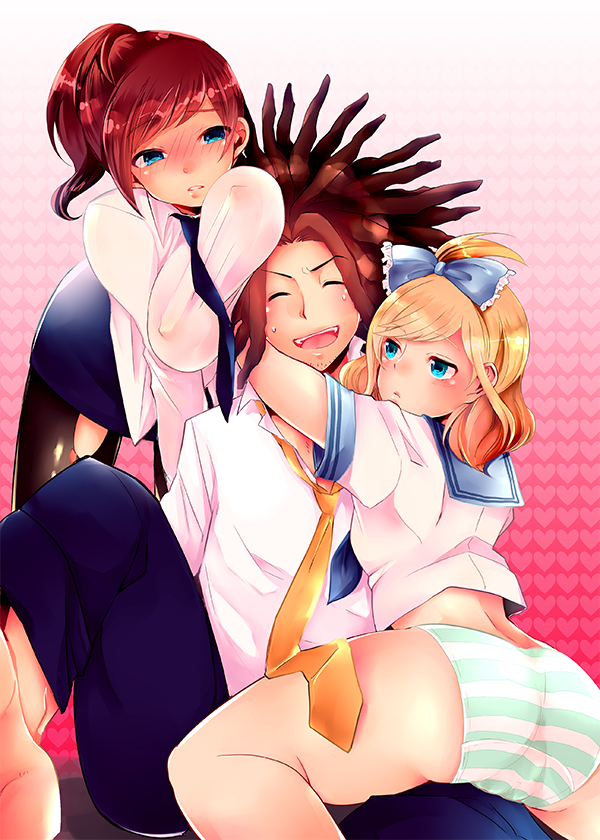 1boy, 2girls, aqua_eyes, asahina_aoi, barefoot, blonde_hair, blue_eyes, blush