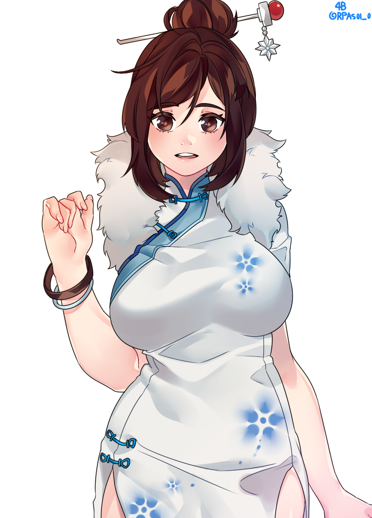 1girl, adapted_costume, artist_name, bangs, bracelet, breasts, brown_eyes, brown_hair, china_dress, chinese_clothes, cowboy_shot, dress, eyebrows, eyebrows_visible_through_hair, fingernails, fur_collar, fur_trim, futo_20, hair_bun, hair_ornament, hair_stick, hand_up, high_collar, jewelry, large_breasts, long_fingernails, mei_(overwatch), no_glasses, open_mouth, overwatch, short_hair, side_slit, sidelocks, simple_background, smile, snowflake_hair_ornament, snowflake_print, solo, swept_bangs, teeth, turtleneck, twitter_username, white_background