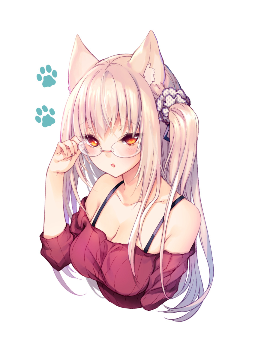 1girl, adjusting_glasses, animal_ears, blush, breasts, cat_ears, cleavage, cocoa_(cafe-hotcocoa)