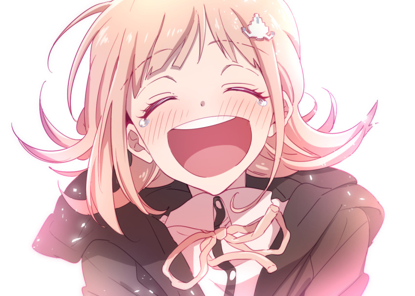 1girl, closed_eyes, crying, dangan_ronpa, dangan_ronpa_3, flipped_hair, hair_ornament, hood, hoodie, nanami_chiaki, short_hair, smile, solo, togame_(grazie)