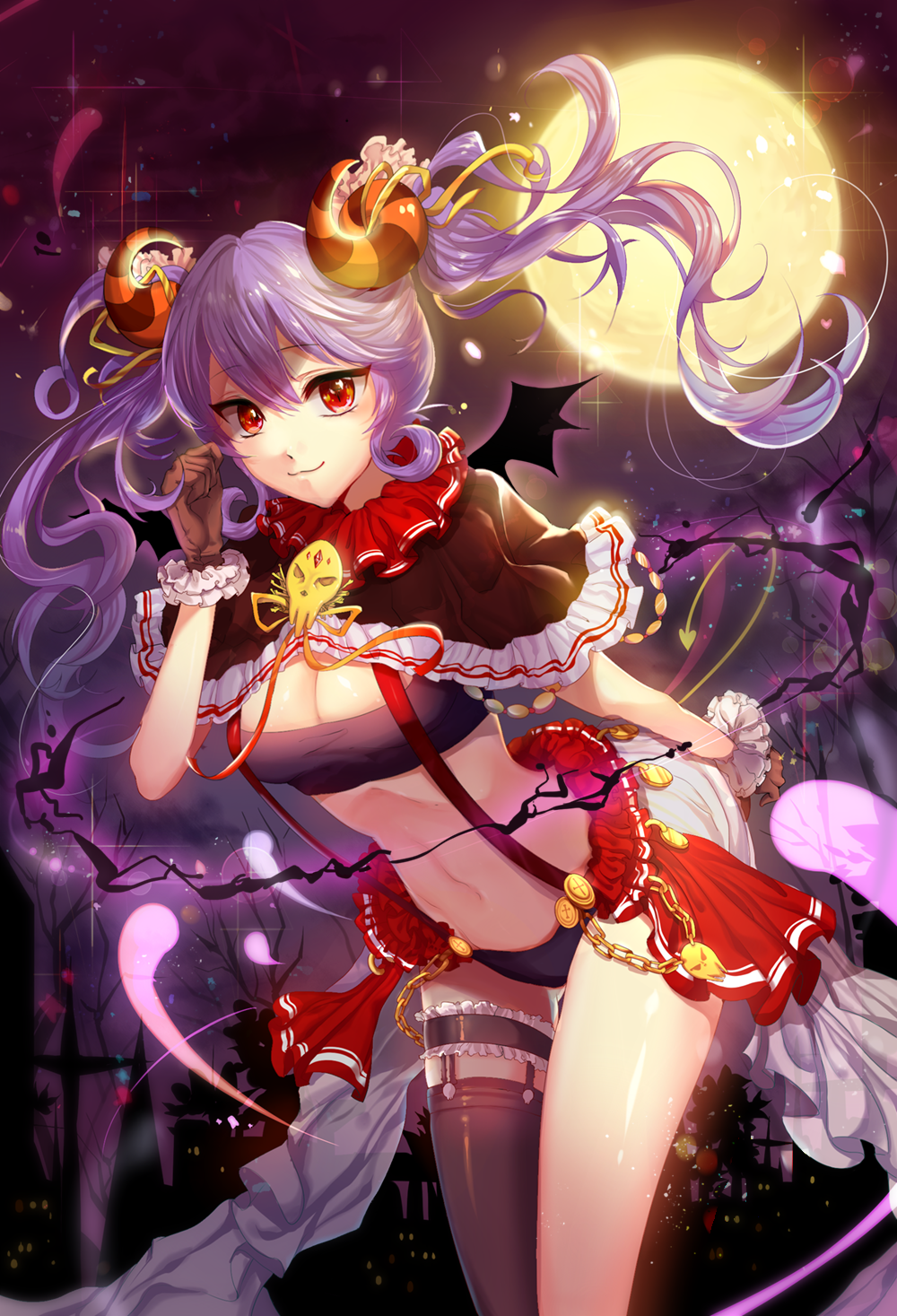 1girl, bat_wings, black_legwear, black_panties, breasts, brown_gloves, capelet, cleavage