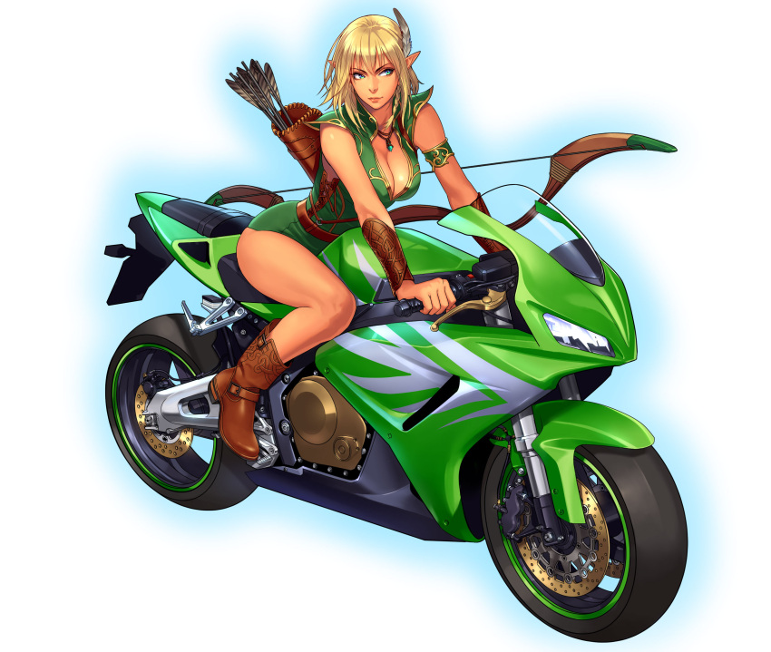 1girl, aqua_eyes, armlet, arrow, bare_legs, bare_shoulders, blonde_hair, bodysuit
