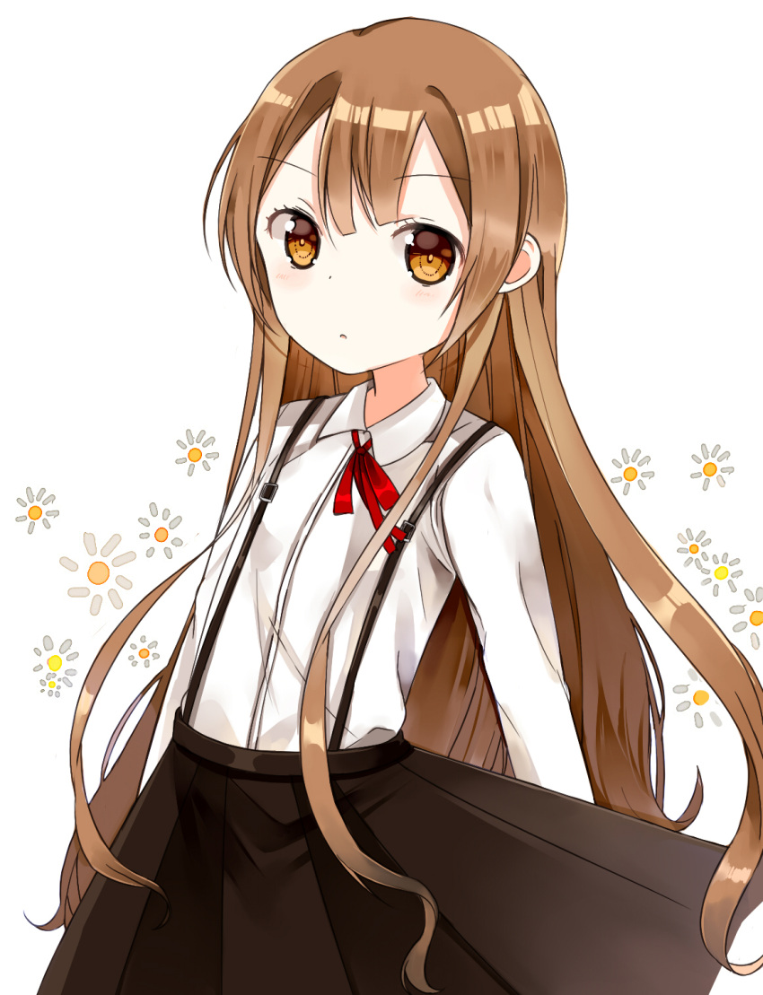 1girl, brown_eyes, brown_hair, flower, highres, long_hair, looking_at_viewer, mika_(ziny), oomuro_hanako, school_uniform, skirt, solo, very_long_hair, yuru_yuri