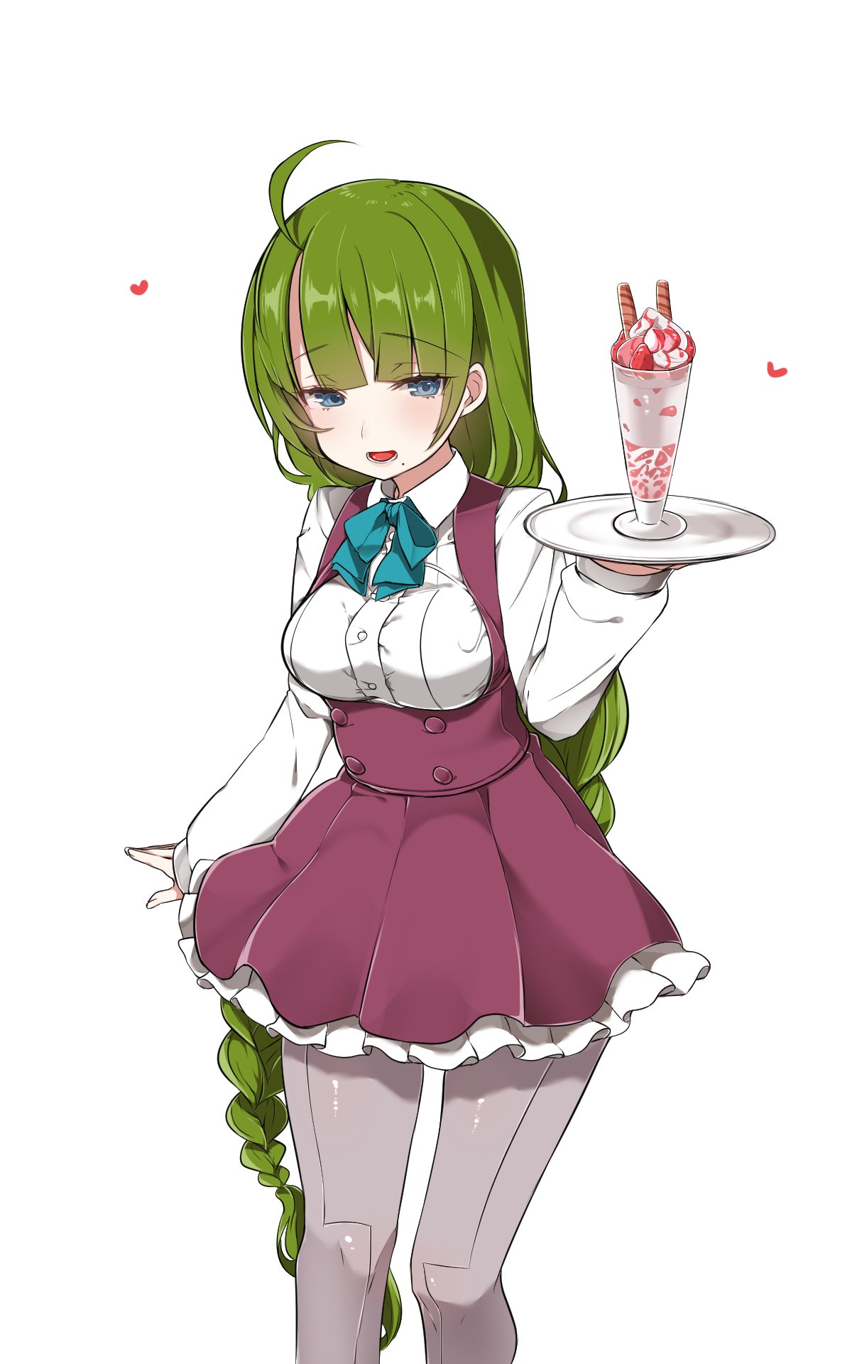 1girl, adapted_costume, ahoge, blue_eyes, blush, bow, bowtie, braid, dress, floating_hearts, green_hair, grey_legwear, half-closed_eyes, highres, holding, holding_plate, kantai_collection, long_hair, looking_at_viewer, mitsudoue, mole, mole_under_mouth, open_mouth, pantyhose, parfait, plate, shirt, simple_background, single_braid, sleeveless, sleeveless_dress, smile, solo, sweets, white_background, white_shirt, yuugumo_(kantai_collection)