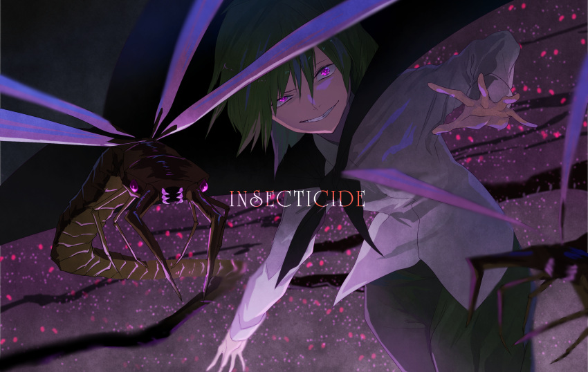1girl, black_cape, glowing, glowing_eyes, gomibukurokarasu, green_hair, green_pants, grin