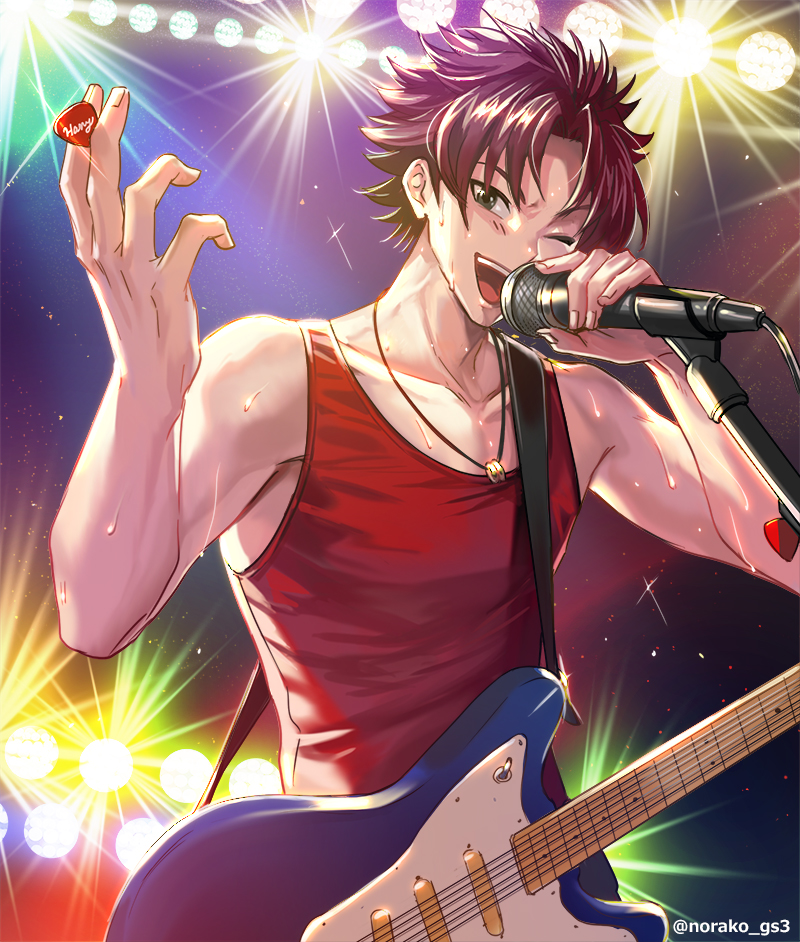 1boy, brown_eyes, brown_hair, collarbone, guitar, hariya_kounoshin, holding_microphone, instrument