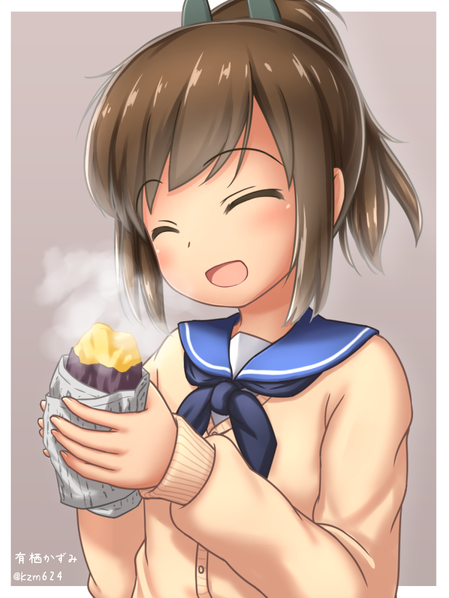 1girl, blush, brown_hair, cardigan, closed_eyes, commentary_request, food, highres
