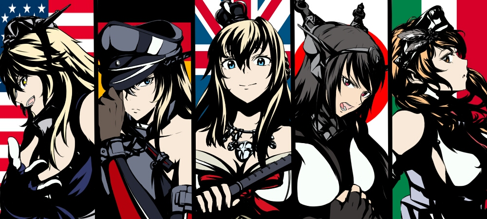 5girls, adjusting_clothes, adjusting_hat, american_flag, bare_shoulders, bismarck_(kantai_collection), black_gloves, black_hair, blonde_hair, blue_eyes, braid, breastplate, breasts, brown_eyes, brown_gloves, brown_hair, cleavage, crown, detached_sleeves, dress, elbow_gloves, fingerless_gloves, flag, flower, french_braid, front-tie_top, german_flag, gloves, hat, headgear, iowa_(kantai_collection), iron_cross, italian_flag, japanese_flag, kantai_collection, kizeminato, large_breasts, littorio_(kantai_collection), long_hair, long_sleeves, military, military_uniform, mini_crown, miniskirt, multiple_girls, nagato_(kantai_collection), off_shoulder, open_mouth, peaked_cap, ponytail, red_eyes, red_ribbon, red_rose, ribbon, rose, scepter, sideboob, skirt, uniform, united_kingdom, warspite_(kantai_collection), white_dress