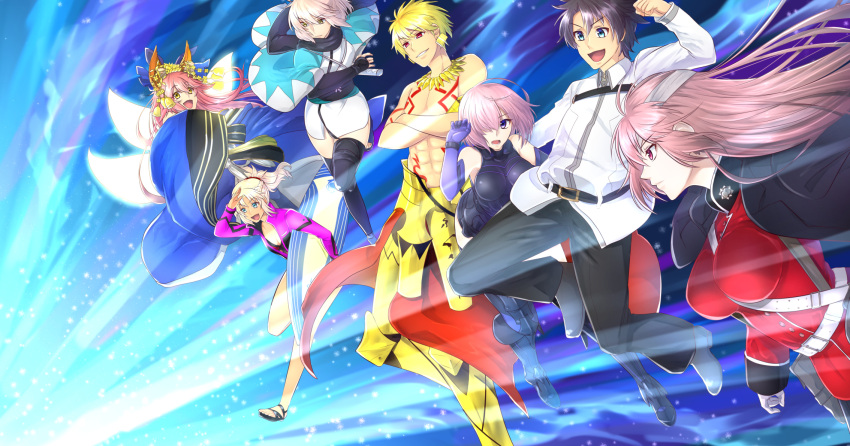 2boys, 5girls, fate/grand_order, fate_(series), florence_nightingale_(fate/grand_order), fujimaru_ritsuka_(male), gilgamesh, grin