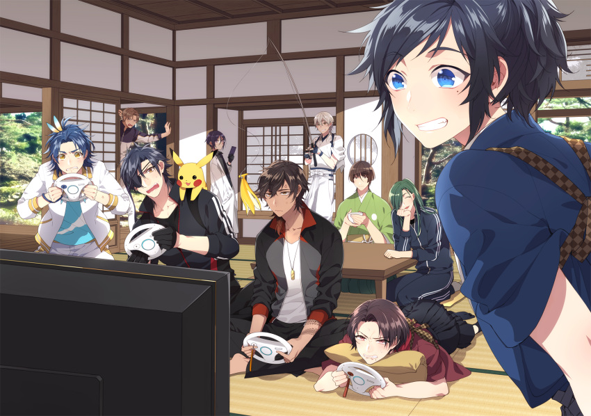 6+boys, anger_vein, banana_peel, black_gloves, black_hair, blue_eyes, blue_hair, brown_eyes