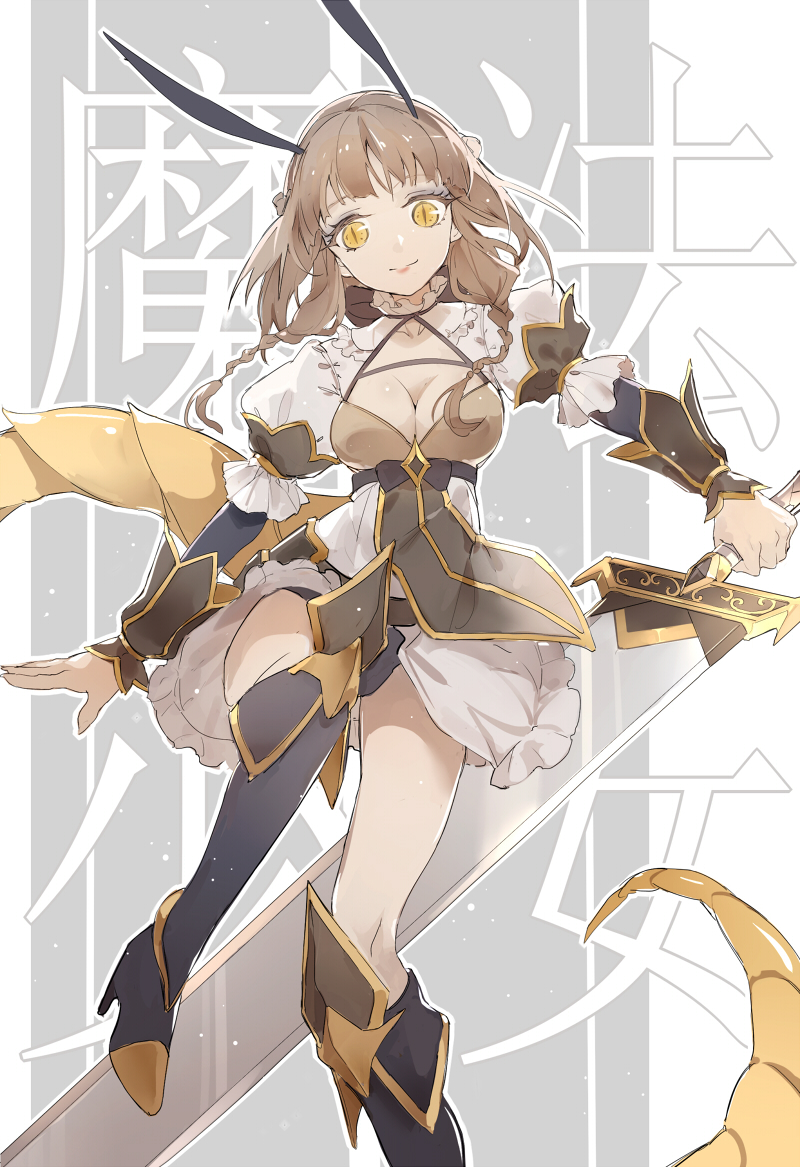 antennae, boots, braid, breasts, brown_eyes, brown_hair, cleavage, genderswap