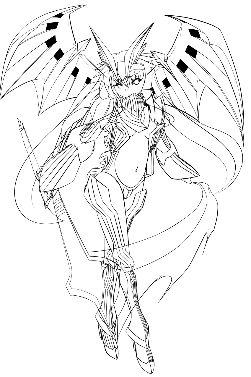 1girl, absurdres, artist_request, dis_astranagant, highres, lineart, mecha_musume, scythe